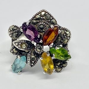 Multicolored Flower Ring 925 Silver Sz 7.5